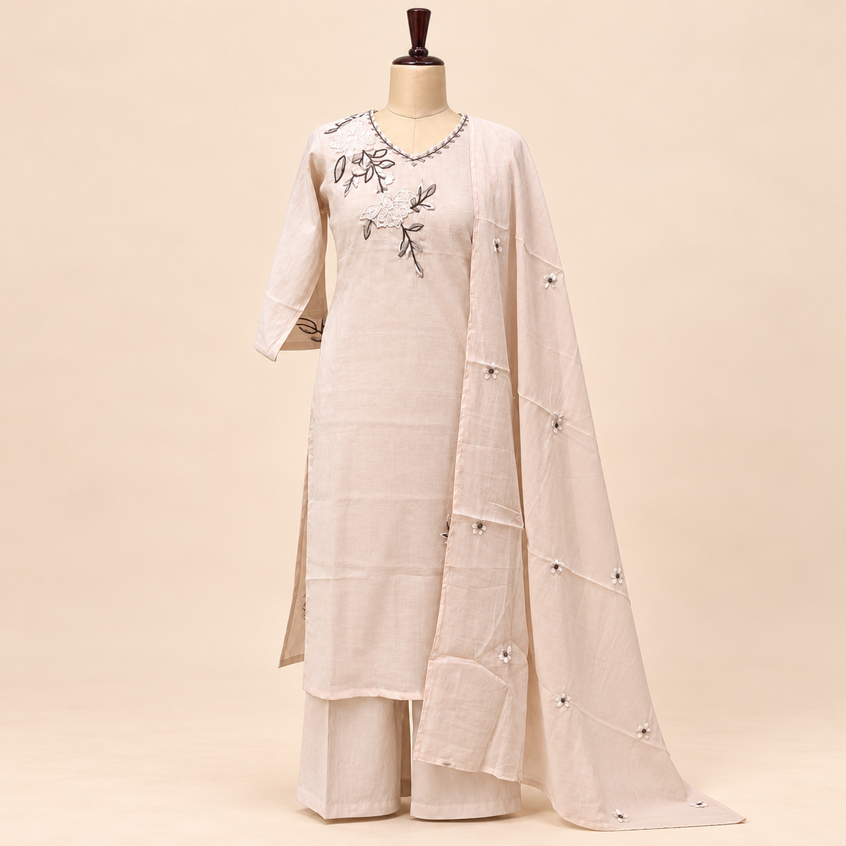 Multi-Tone Cream Cotton Floral Embroidered Straight Cut Salwar Suit with Dupatta