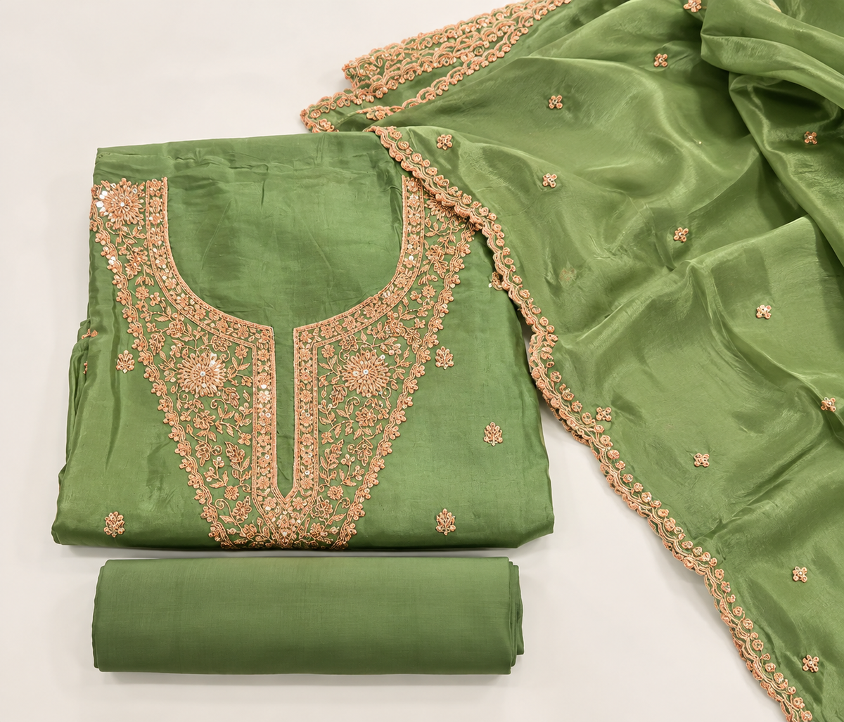 Olive Green Soft Silk Embroidered Unstitched Dress Material Set