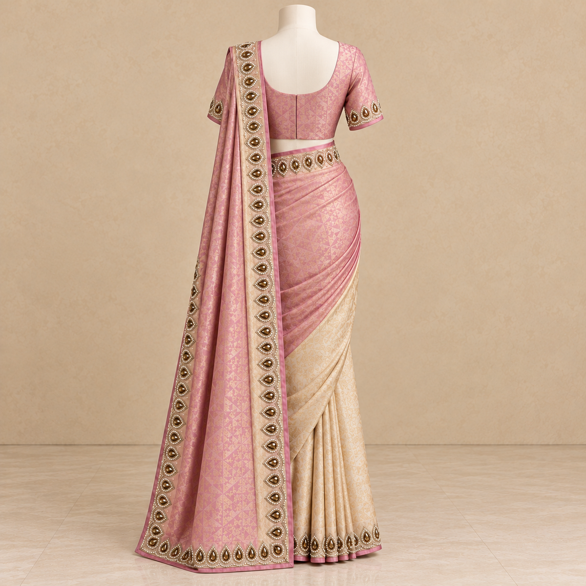 Pink Silk Saree with Contrast Cream Pallu and Embellished Border