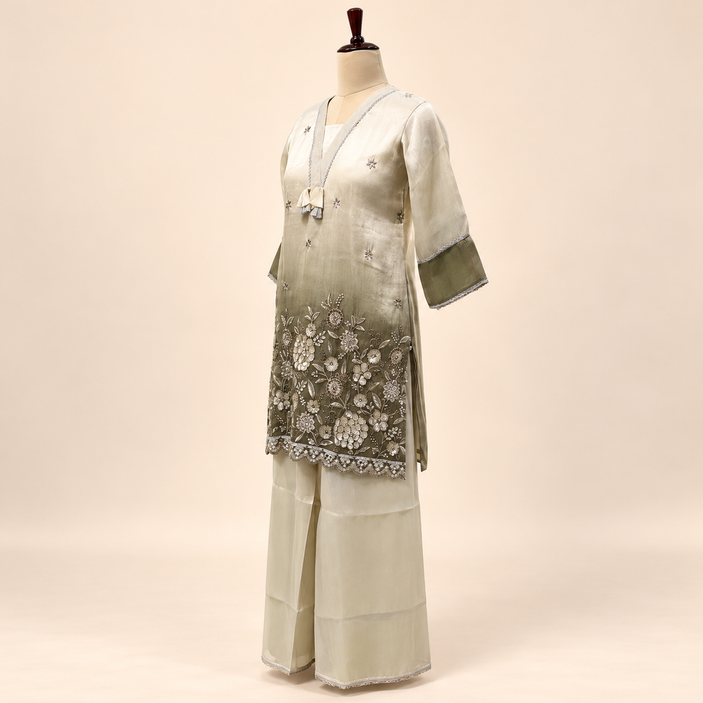 Green Silk Floral Embroidered Sharara Set with Dupatta