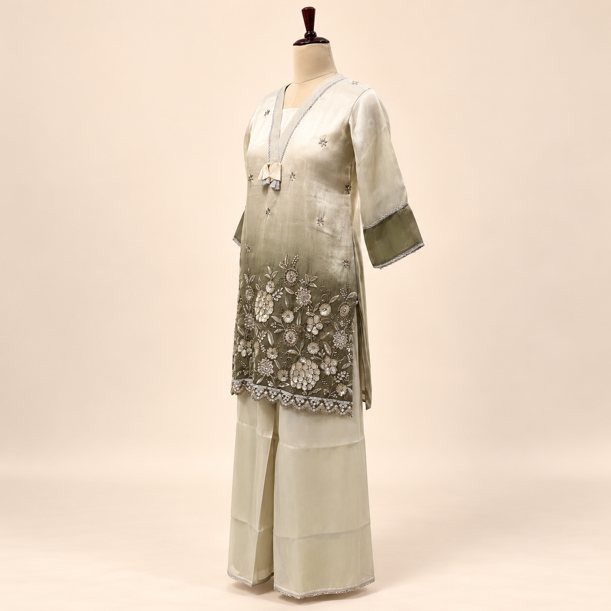 Green Silk Floral Embroidered Sharara Set with Dupatta