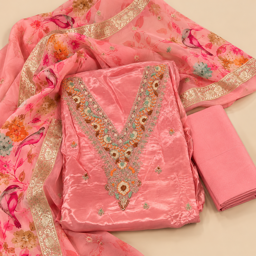 Pink Crepe Multicolour Floral Embroidered Unstitched Dress Material Set