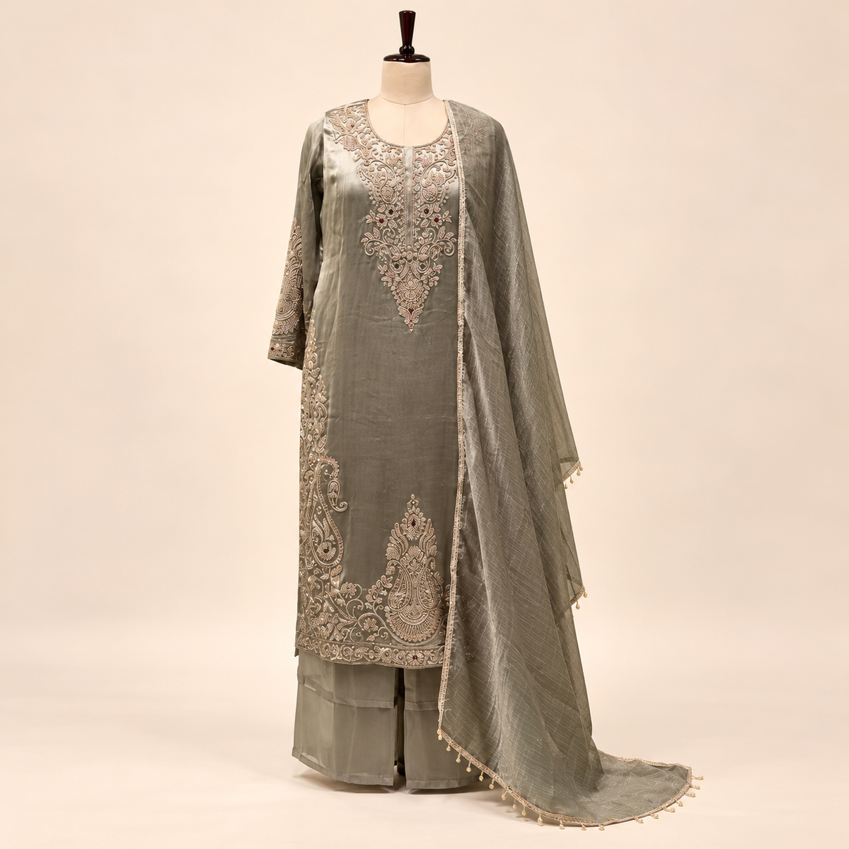 Golden Raw Silk Paisley Embroidered Straight Cut Salwar Suit with Dupatta
