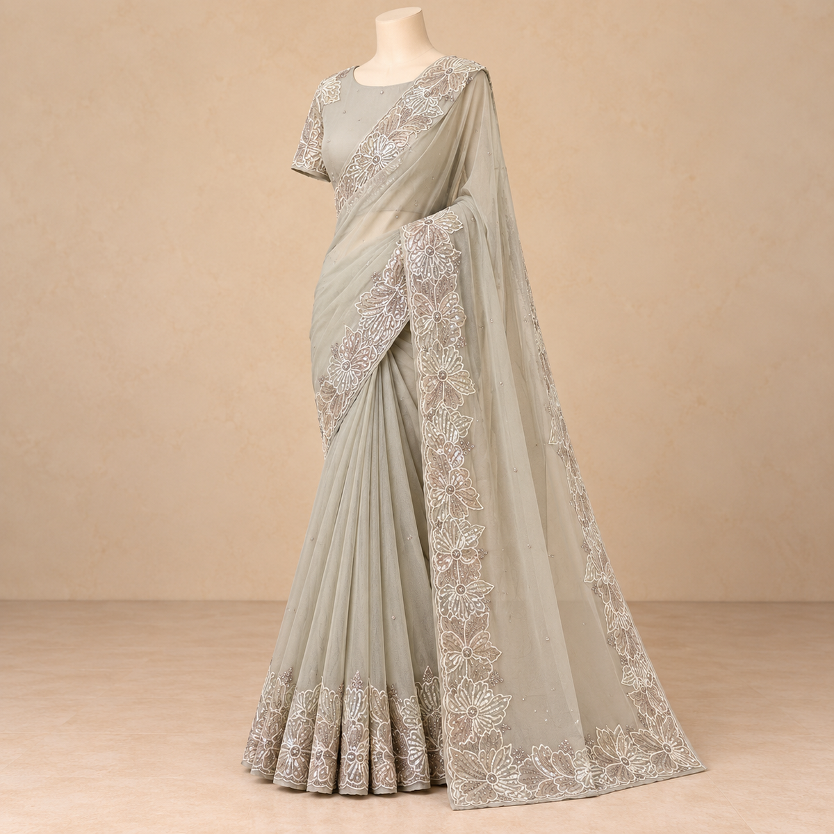 White Floral Thread Embroidery with Shimmering Embellishments and Intricate Floral Border Detailing