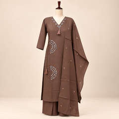 Mirror Work with Paisley Motifs, Embellished V-Neckline and Decorative Tassel Detailing