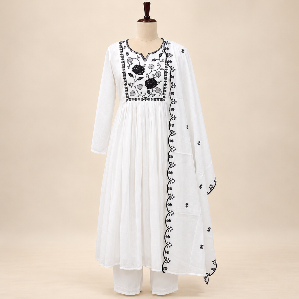 Elegant White Cotton Anarkali Set with Black Floral Embroidery