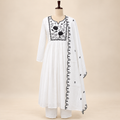 Elegant White Cotton Anarkali Set with Black Floral Embroidery