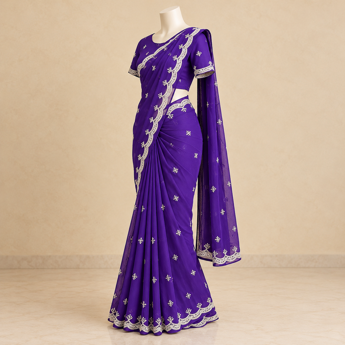 Onion Soft Organza Saree with Silver Embroidery and Scalloped Border