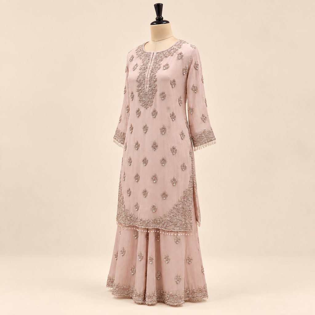 Peach Embroidered Crepe Salwar Set with Elegant Dupatta