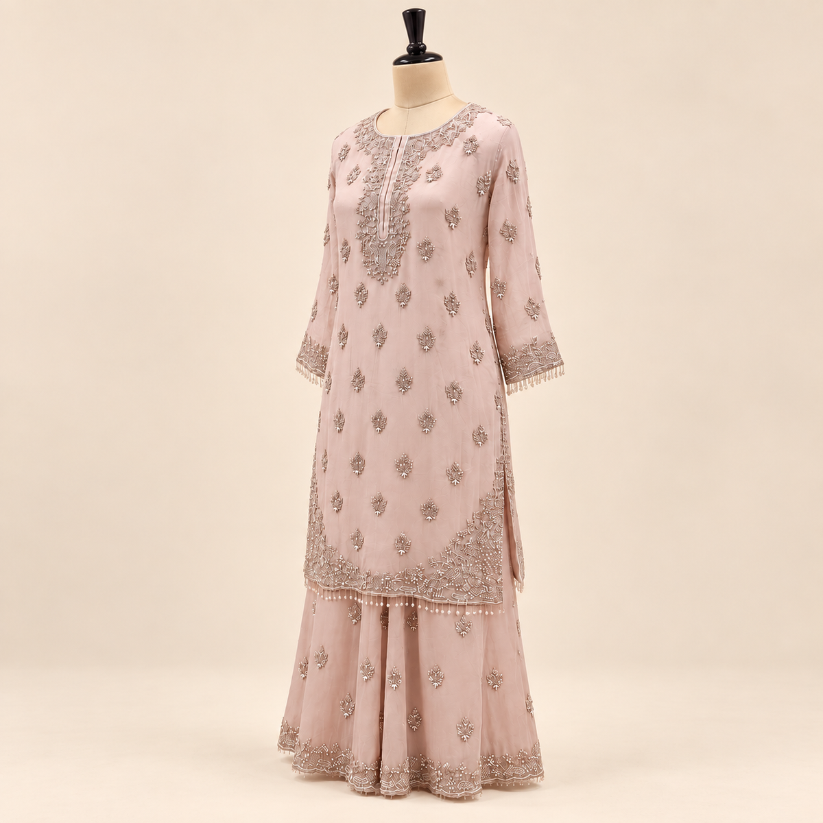 Peach Embroidered Crepe Salwar Set with Elegant Dupatta