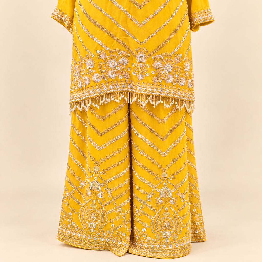 Shimmer Yellow Embroidered Chiffon Sharara Salwar Set with Dupatta