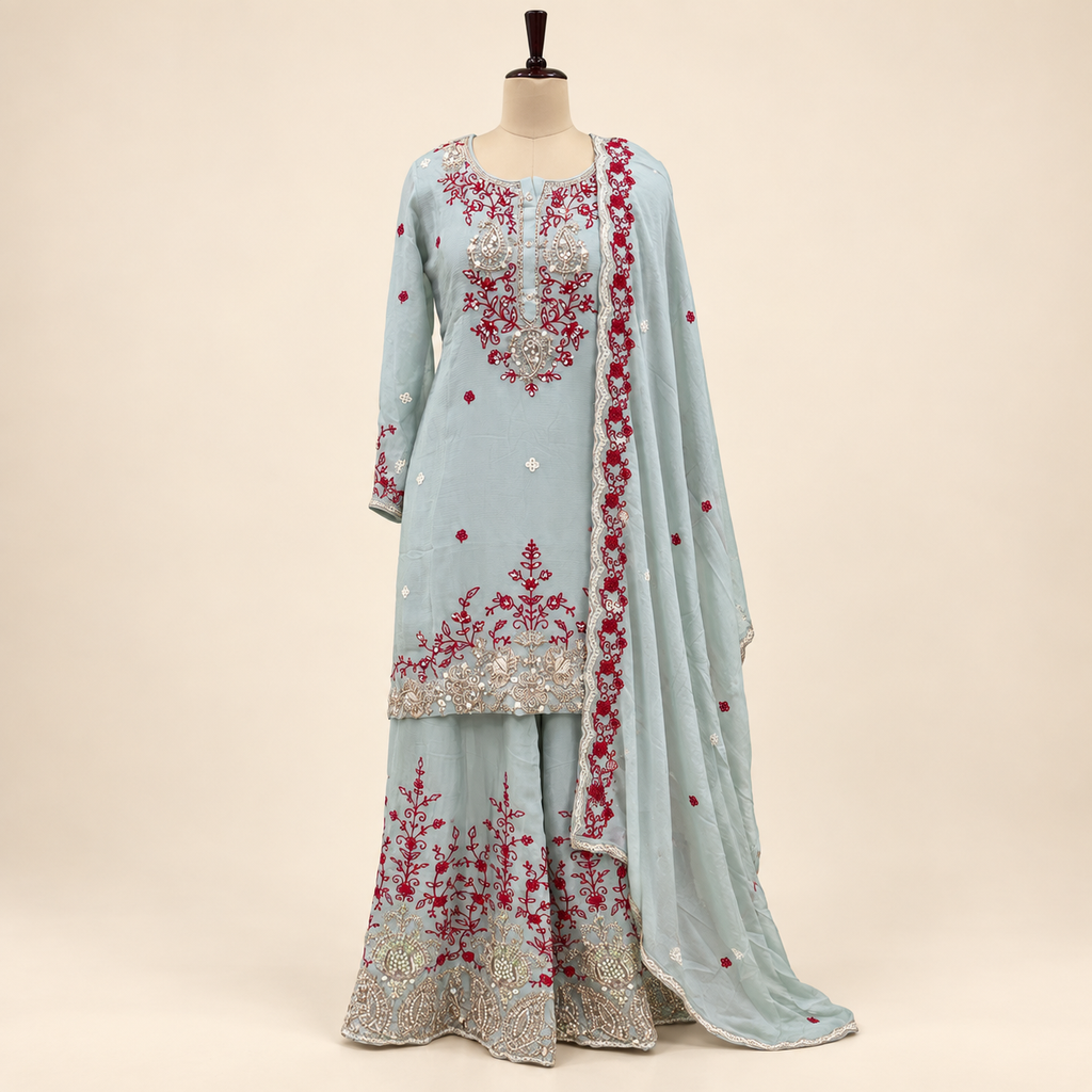 Light Green Contrast Embellished Salwar Suit with Dupatta