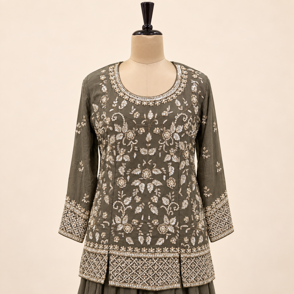 Mehndi  Green Floral Embellished Salwar Suit with Flared Bottom &amp; Dupatta
