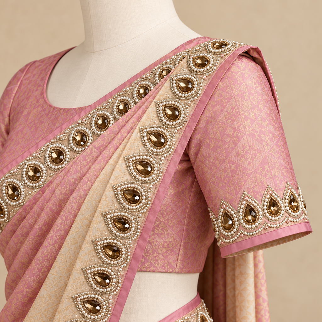 Pink Silk Saree with Contrast Cream Pallu and Embellished Border