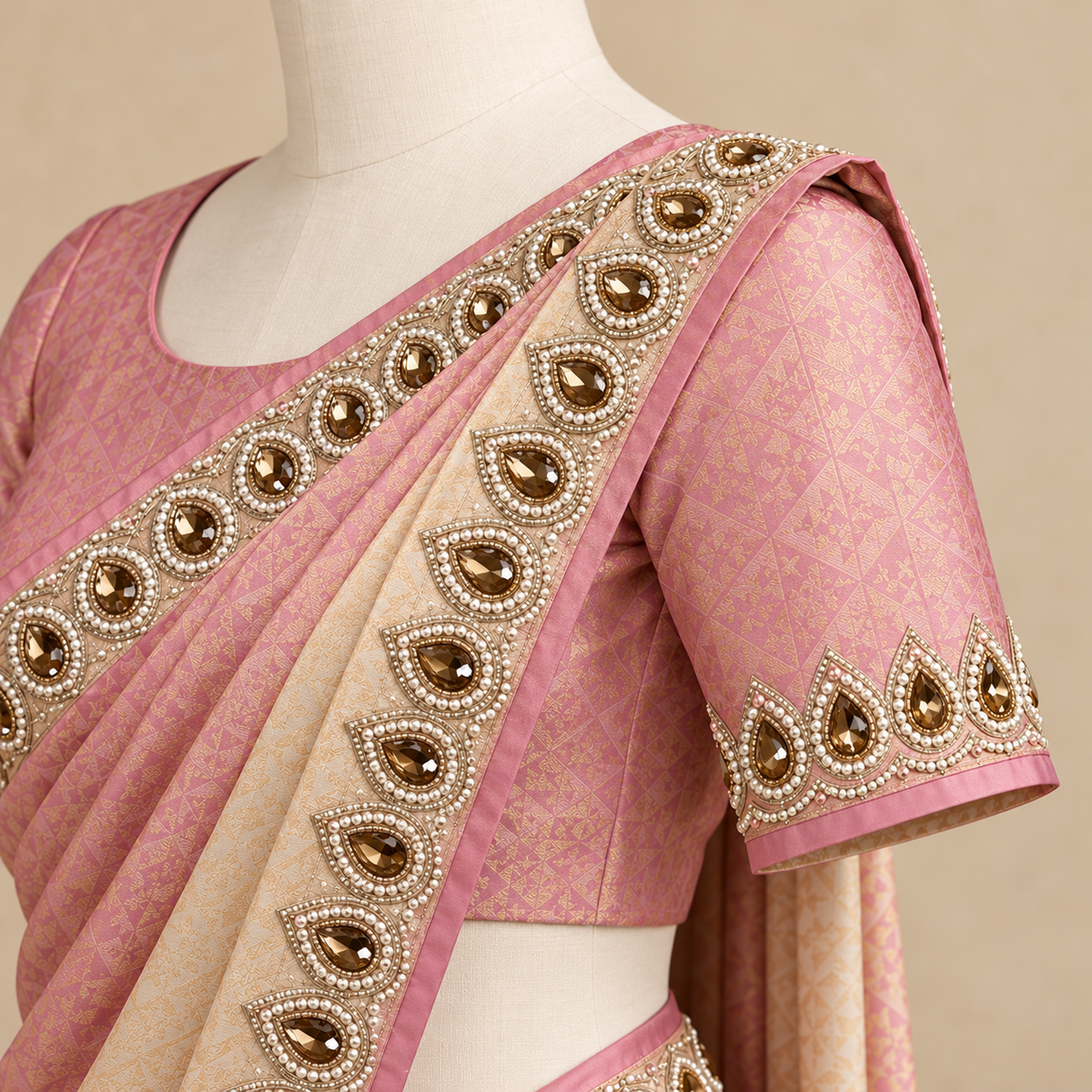 Pink Silk Saree with Contrast Cream Pallu and Embellished Border