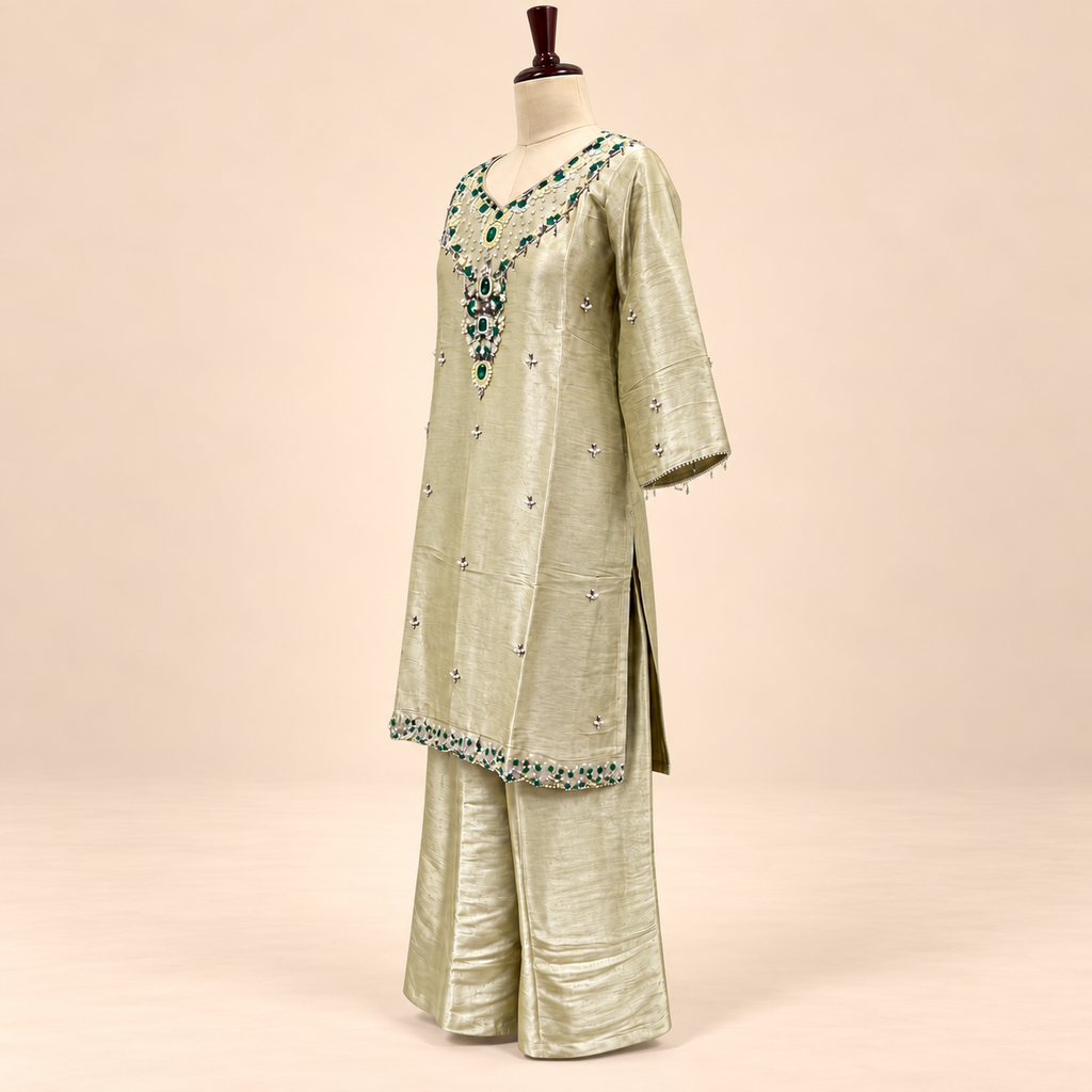 Mehandi Green Raw Silk Embellished Palazzo Suit