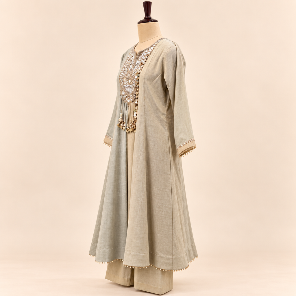 Beige Mirror Embellished Salwar Suit with Striped Dupatta
