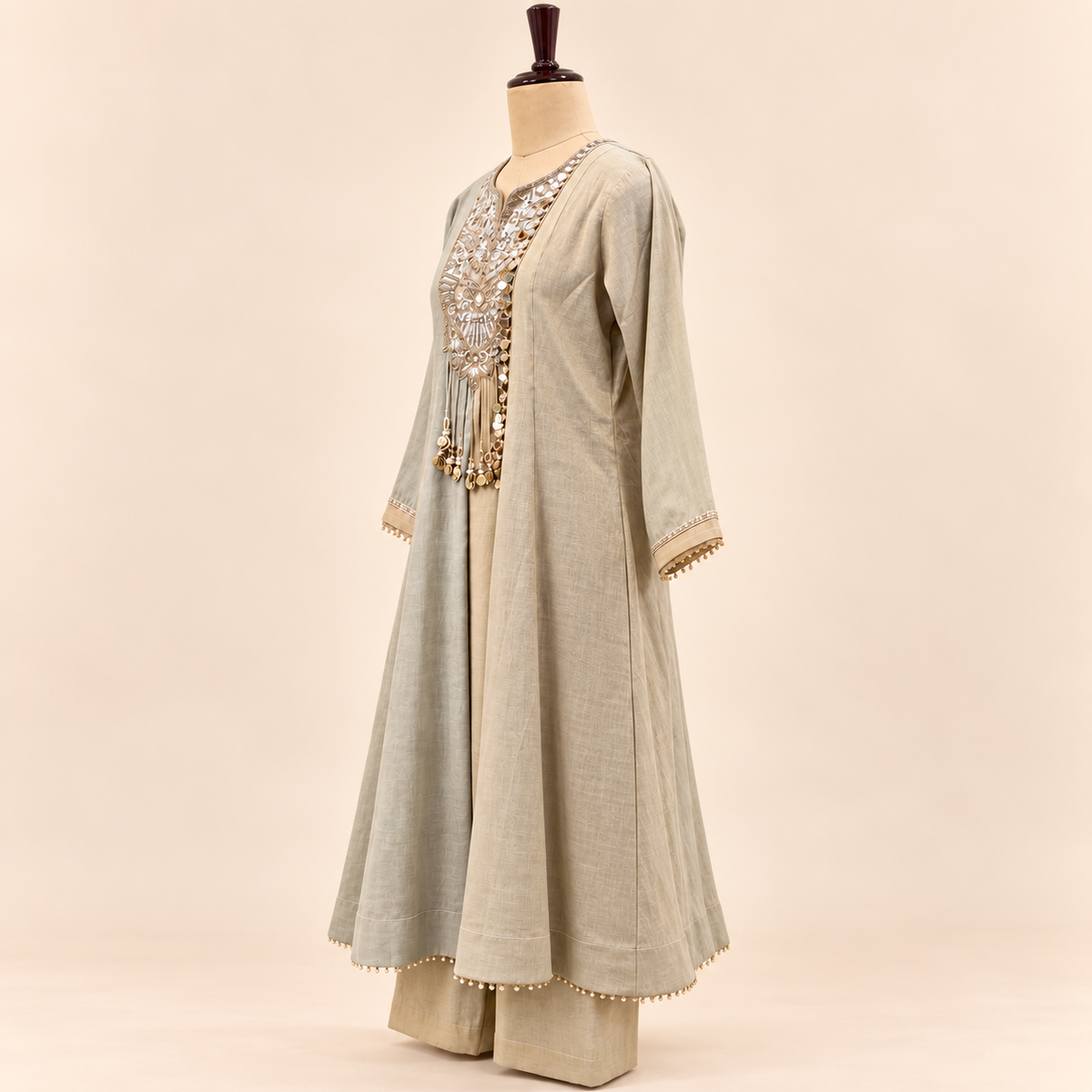 Beige Mirror Embellished Salwar Suit with Striped Dupatta