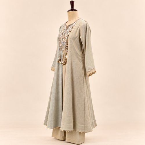 Beige Mirror Embellished Salwar Suit with Striped Dupatta