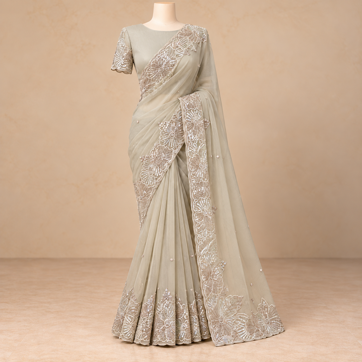 White Floral Thread Embroidery with Shimmering Embellishments and Intricate Floral Border Detailing