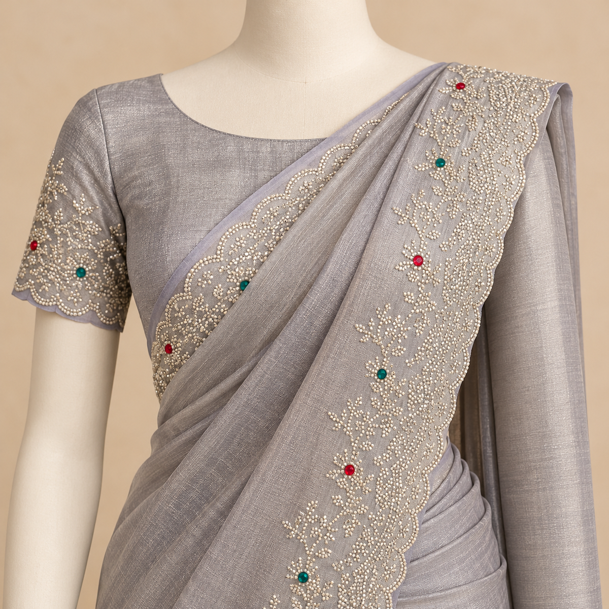 Lavender Tissue Silk Saree with Scalloped Floral Embroidery