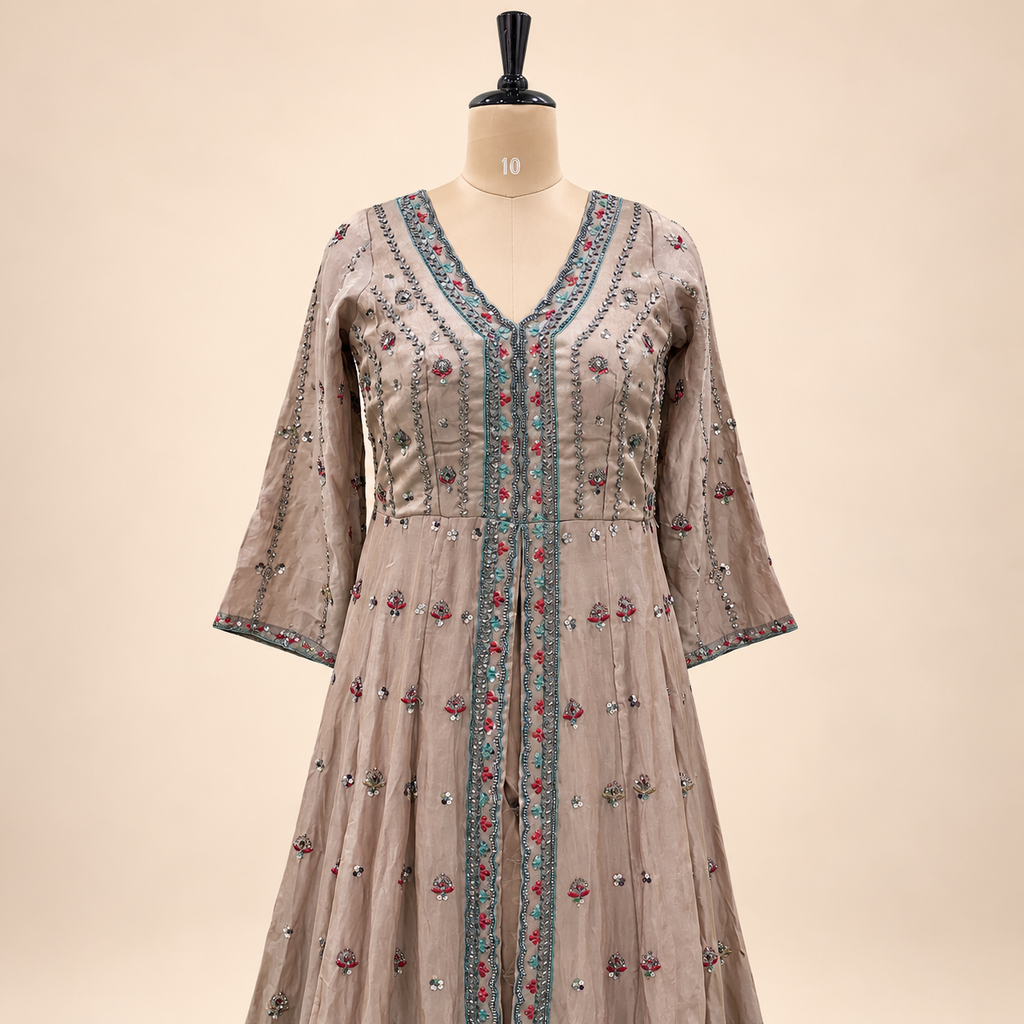 Light Brown Floral Embellished Shimmer Silk Front-Cut Anarkali Salwar Set with Dupatta