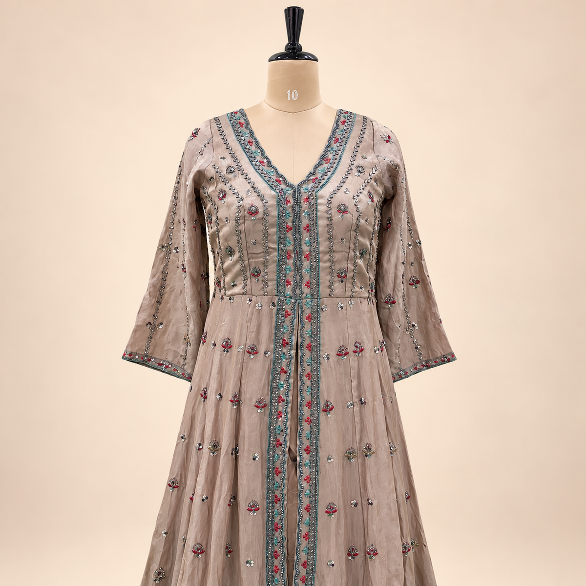 Light Brown Floral Embellished Shimmer Silk Front-Cut Anarkali Salwar Set with Dupatta