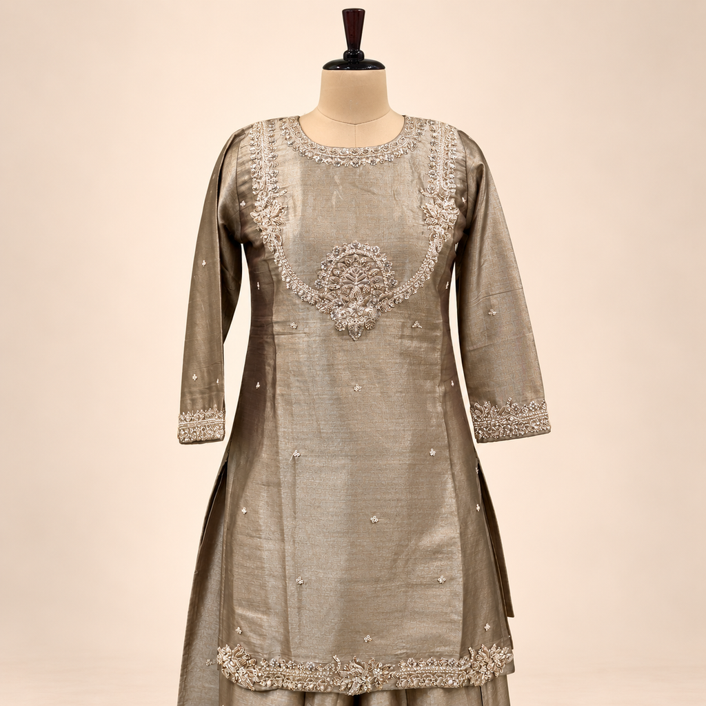 Beige Embellished Silk Salwar Suit with Dupatta