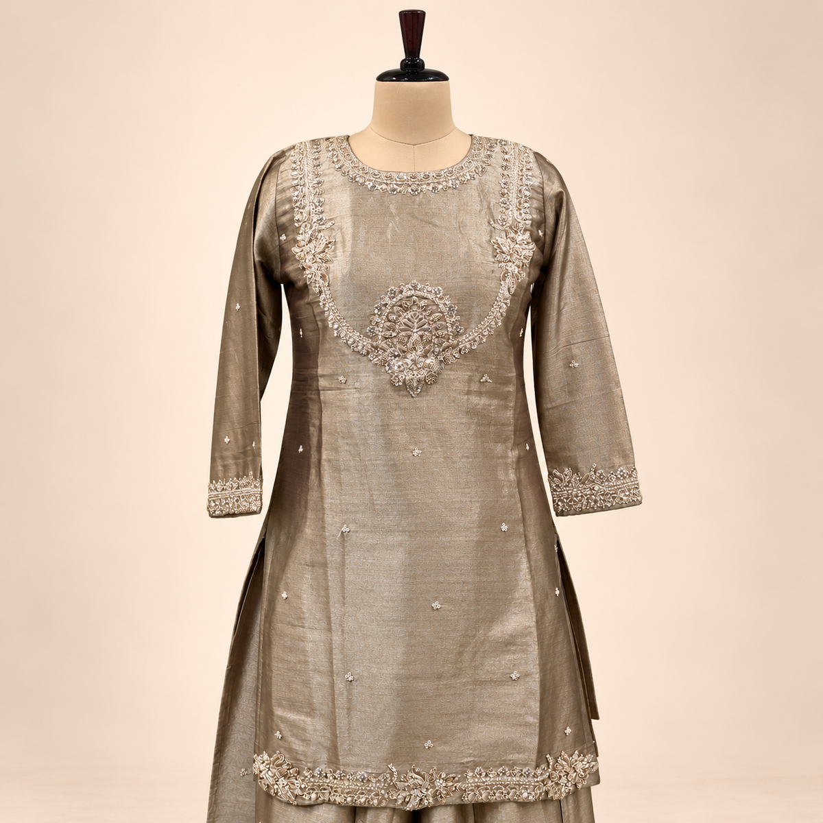 Beige Embellished Silk Salwar Suit with Dupatta
