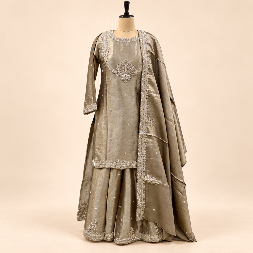 Beige Embellished Silk Salwar Suit with Dupatta