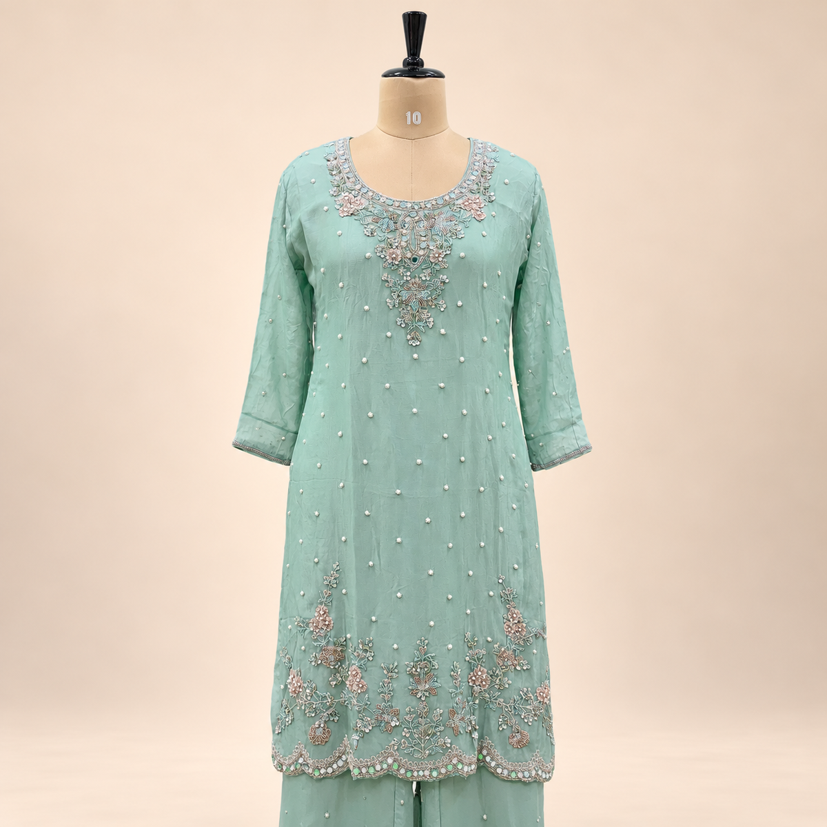 Mint Green Floral Embroidered Chinon Palazzo Salwar Set with Dupatta