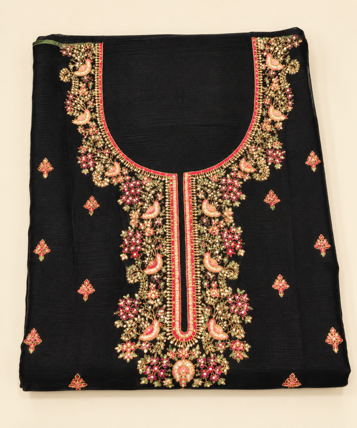 Black Pashmina Silk Multi colour Floral Embroidered Unstitched Dress Material Set