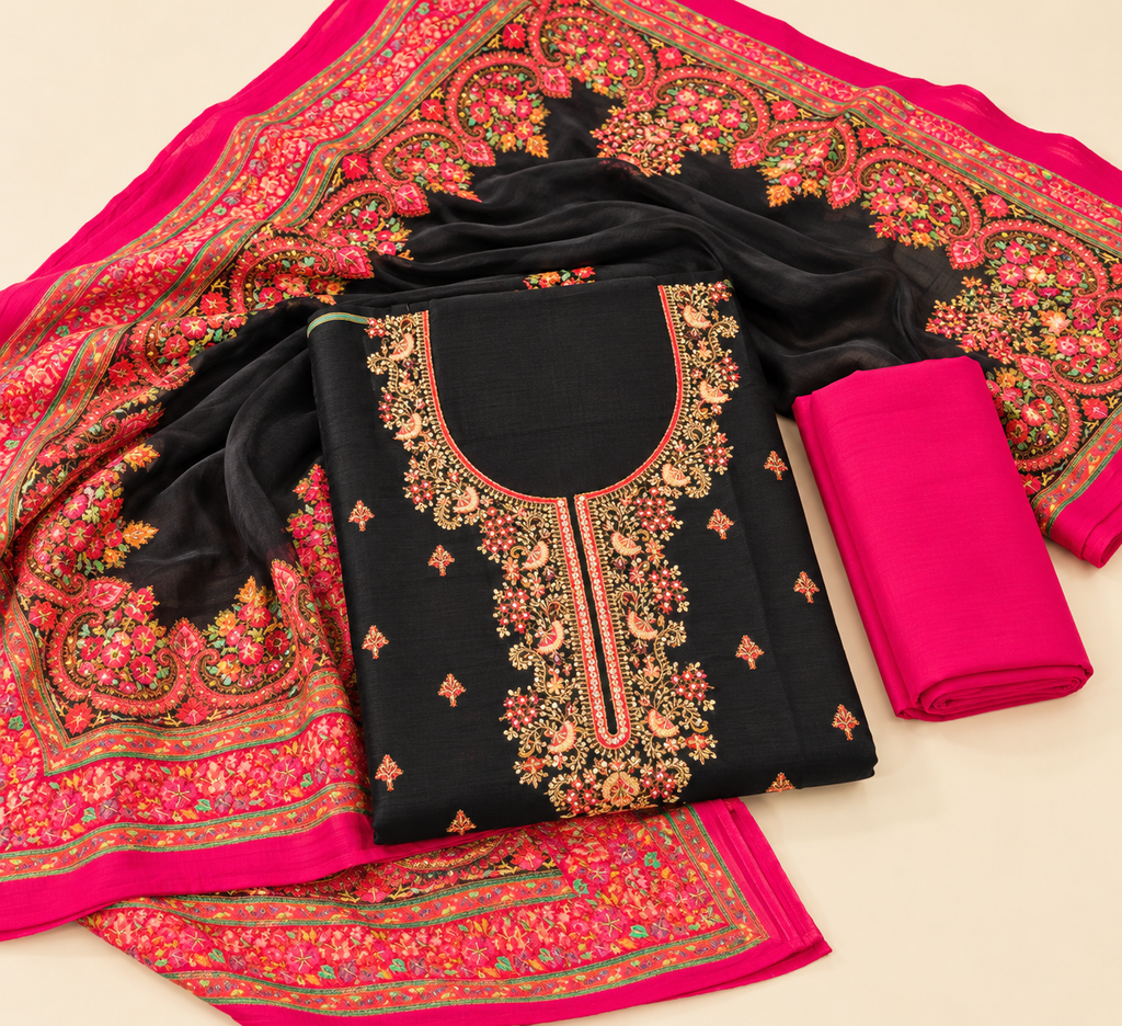 Black Pashmina Silk Multi colour Floral Embroidered Unstitched Dress Material Set