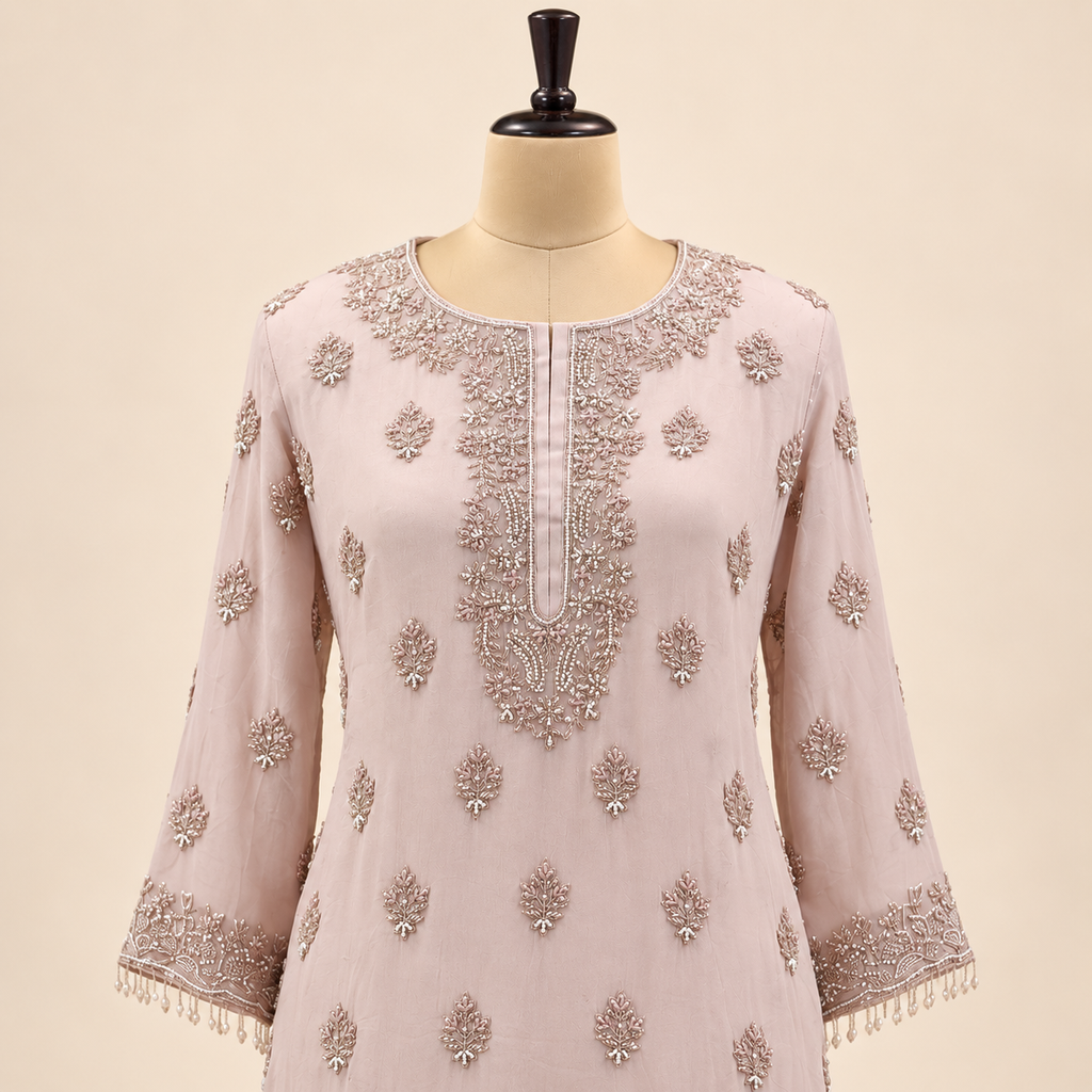 Peach Embroidered Crepe Salwar Set with Elegant Dupatta