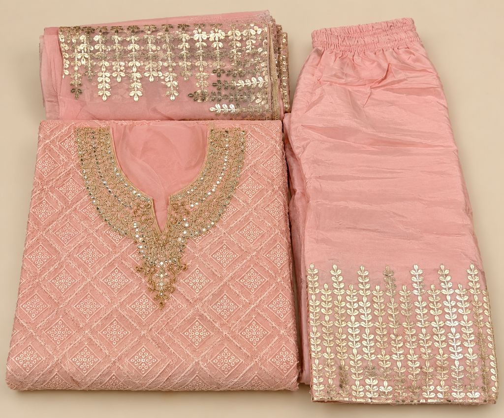 Pink Organza Gold Embroidered Unstitched Dress Material Set