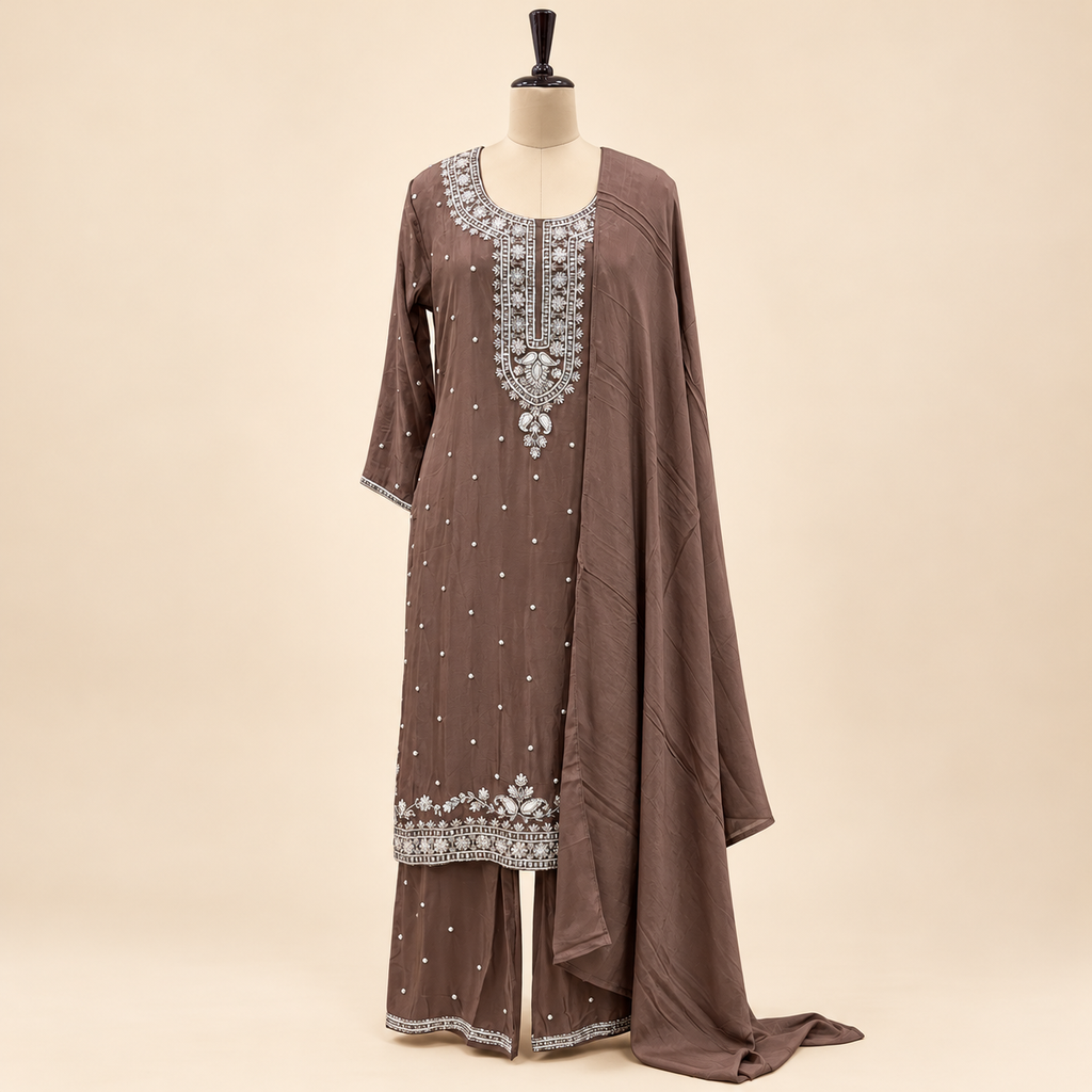 Mocha Brown Embroidered Chinon Straight-Cut Salwar Set with Dupatta
