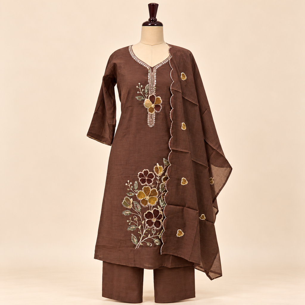 Multicolour Floral Embroidered Cotton Kurta Set