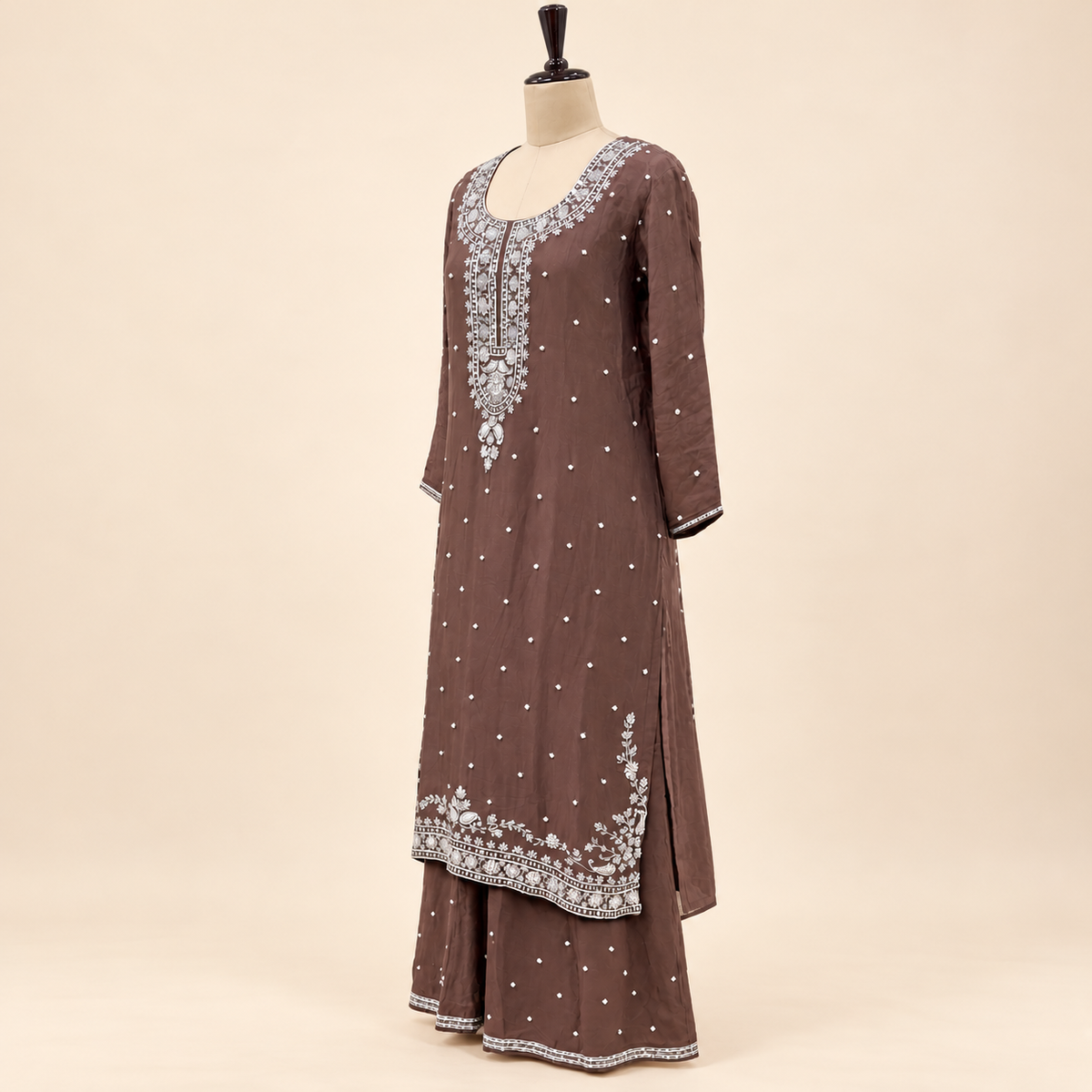 Mocha Brown Embroidered Chinon Straight-Cut Salwar Set with Dupatta