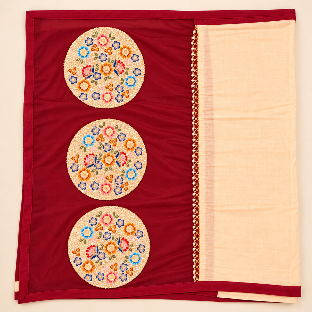Ivory & Maroon Multicolour Floral Embroidered Cotton Anarkali Suit Set with Dupatta