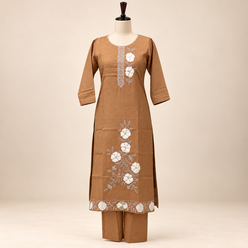 Multi-Tone Brown Cotton Floral Embroidered Salwar Suit with Dupatta