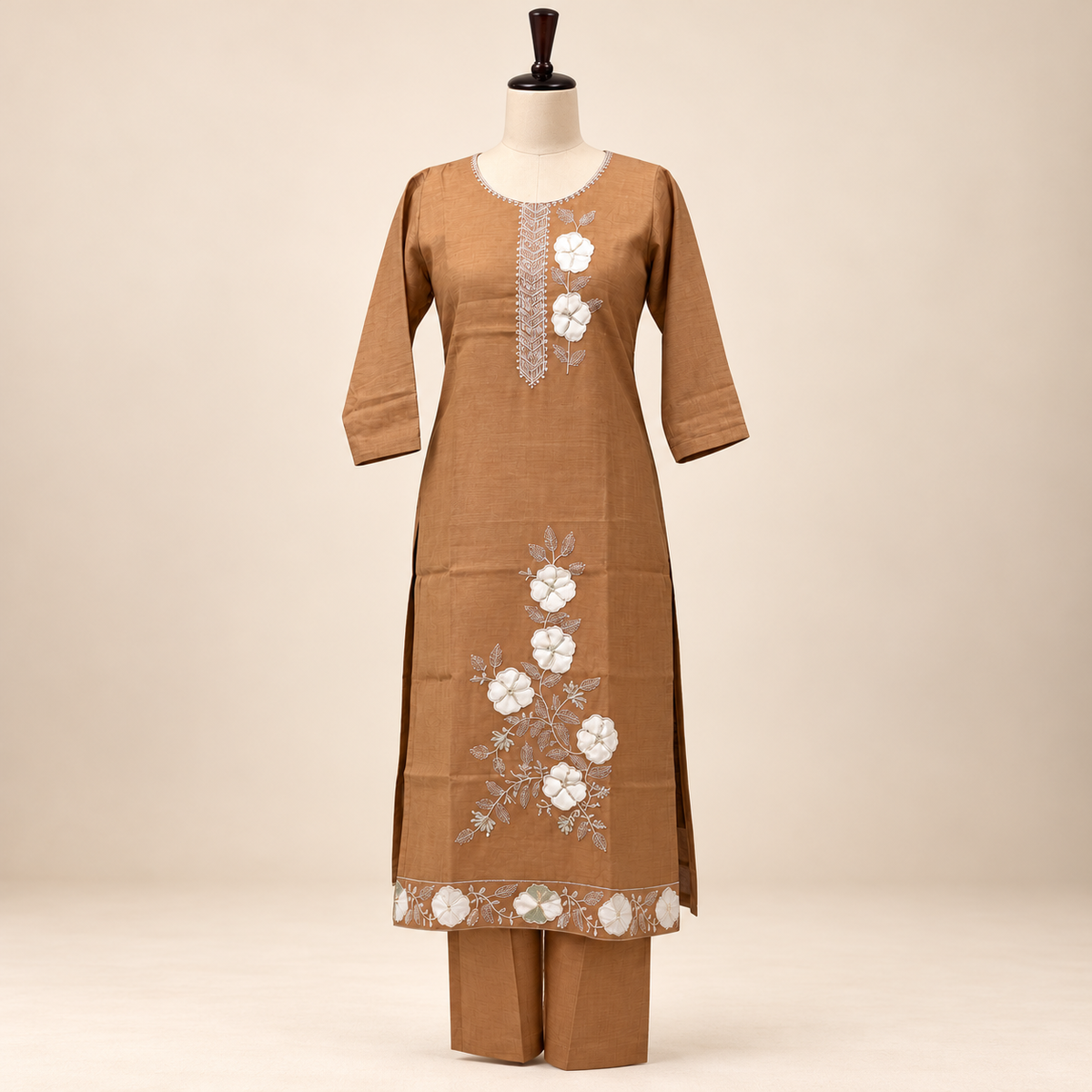 Multi-Tone Brown Cotton Floral Embroidered Salwar Suit with Dupatta