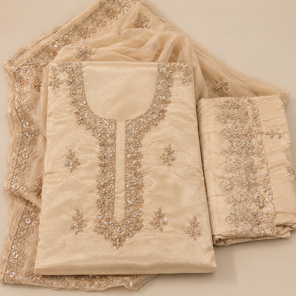 Elegant Cream Chinon Dress Material with Floral Embroidery and Scalloped Dupatta