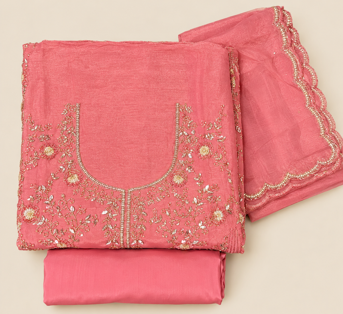 Coral Pink Organza Floral Embroidered Unstitched Dress Material Set