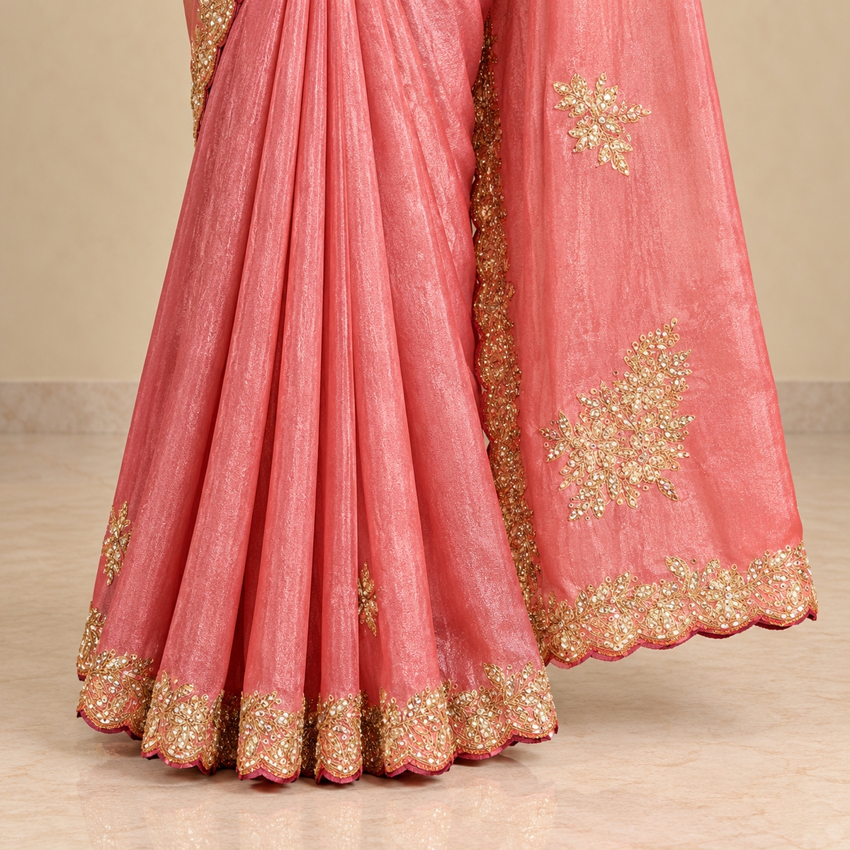 Onion Pink Fendy Saree with Gold Floral Embroidery and Scalloped Border