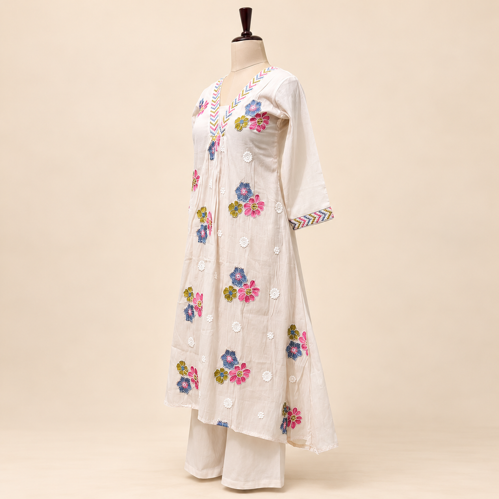 Multi-Colour Cotton Floral Embroidered Layered Kurta Set