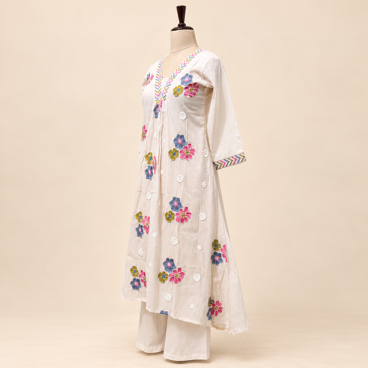Multi-Colour Cotton Floral Embroidered Layered Kurta Set