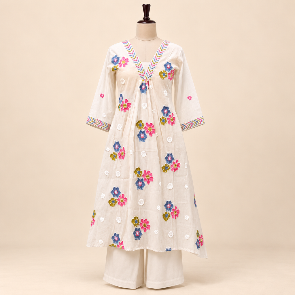 Multi-Colour Cotton Floral Embroidered Layered Kurta Set