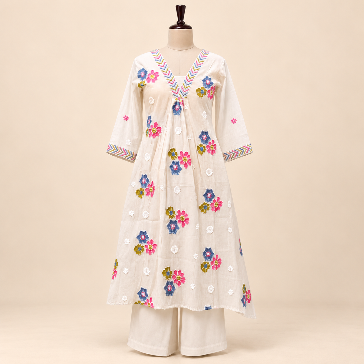 Multi-Colour Cotton Floral Embroidered Layered Kurta Set