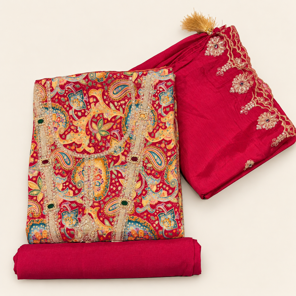 Royal Rani Pink Silk Dress Material with Multicolour Paisley Embroidery