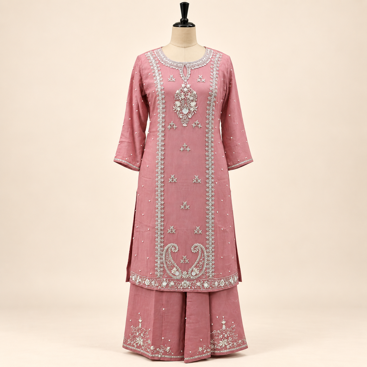 Onion Pink Ornate Embellished Salwar Suit with Palazzo &amp; Dupata